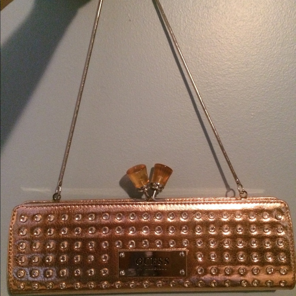Guess metallic rose gold Clutch & chain shoulder Bag evening Bag crystals